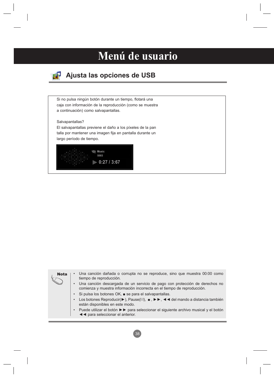 Menú de usuario, Ajusta las opciones de usb | LG 47VT30MS-B User Manual | Page 38 / 87