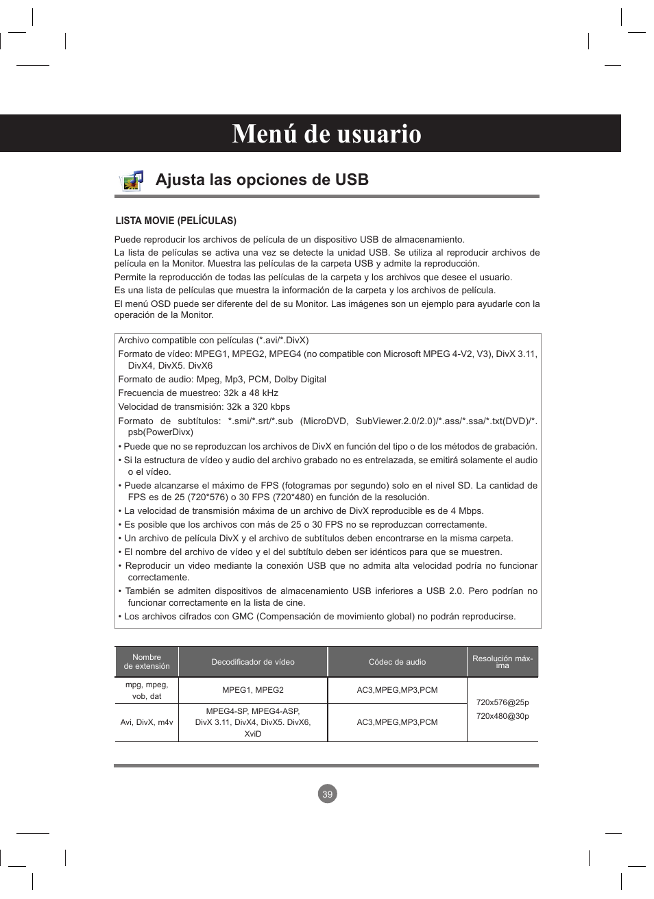 Menú de usuario, Ajusta las opciones de usb | LG 47VT30MS-B User Manual | Page 39 / 87