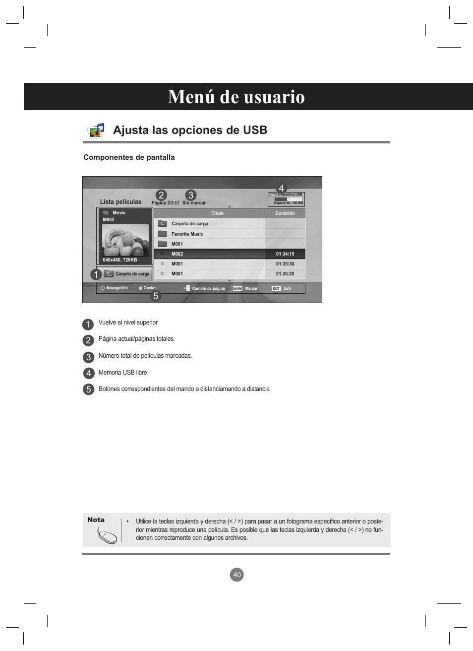 Menú de usuario, Ajusta las opciones de usb | LG 47VT30MS-B User Manual | Page 40 / 87