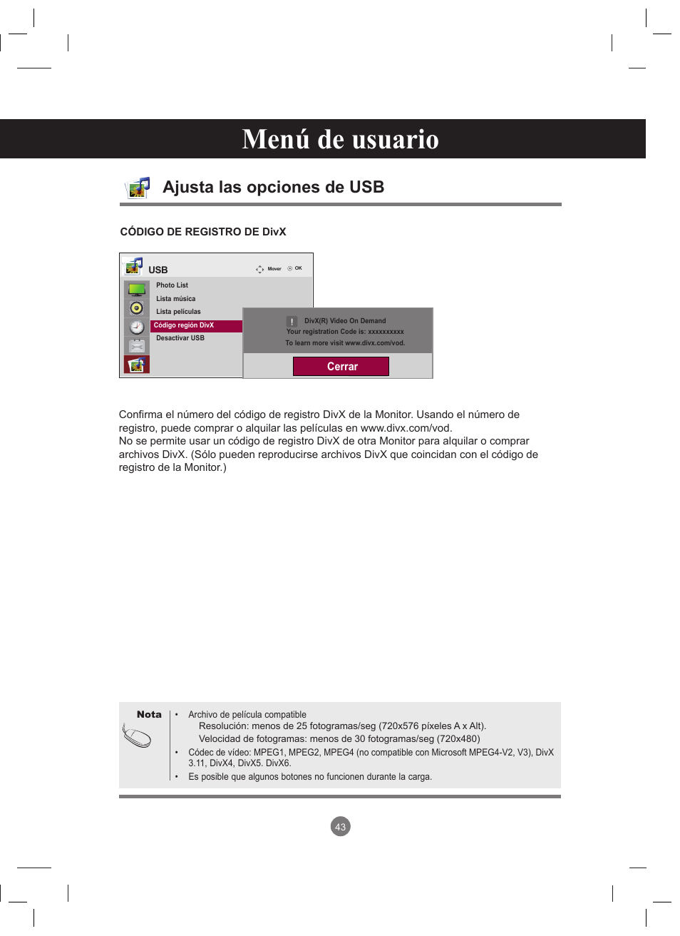 Menú de usuario, Ajusta las opciones de usb | LG 47VT30MS-B User Manual | Page 43 / 87