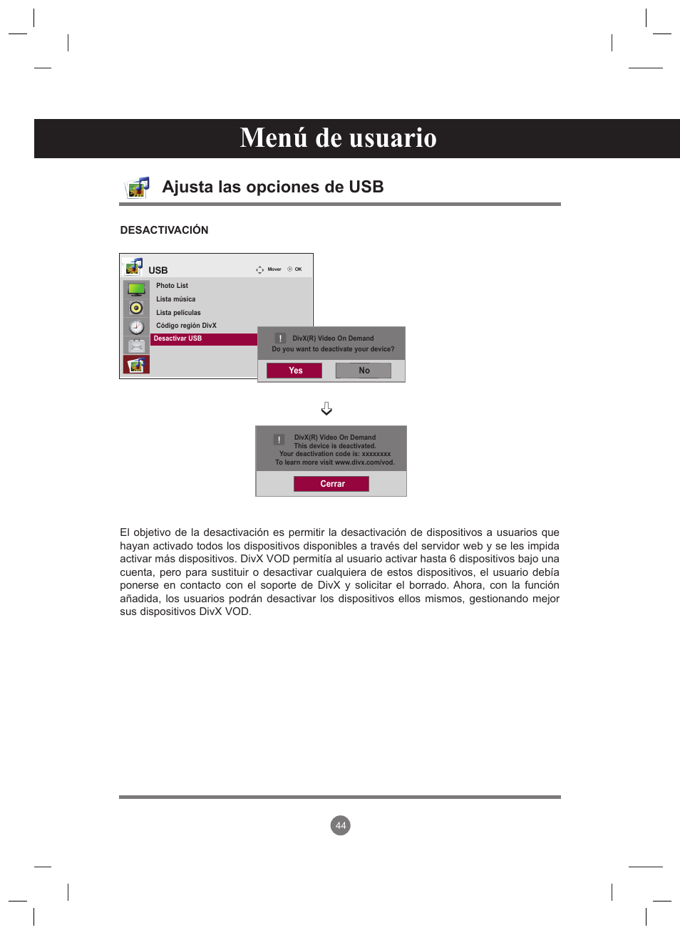Menú de usuario, Ajusta las opciones de usb | LG 47VT30MS-B User Manual | Page 44 / 87