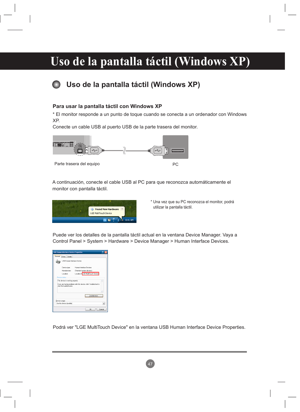 Uso de la pantalla táctil (windows xp) | LG 47VT30MS-B User Manual | Page 47 / 87