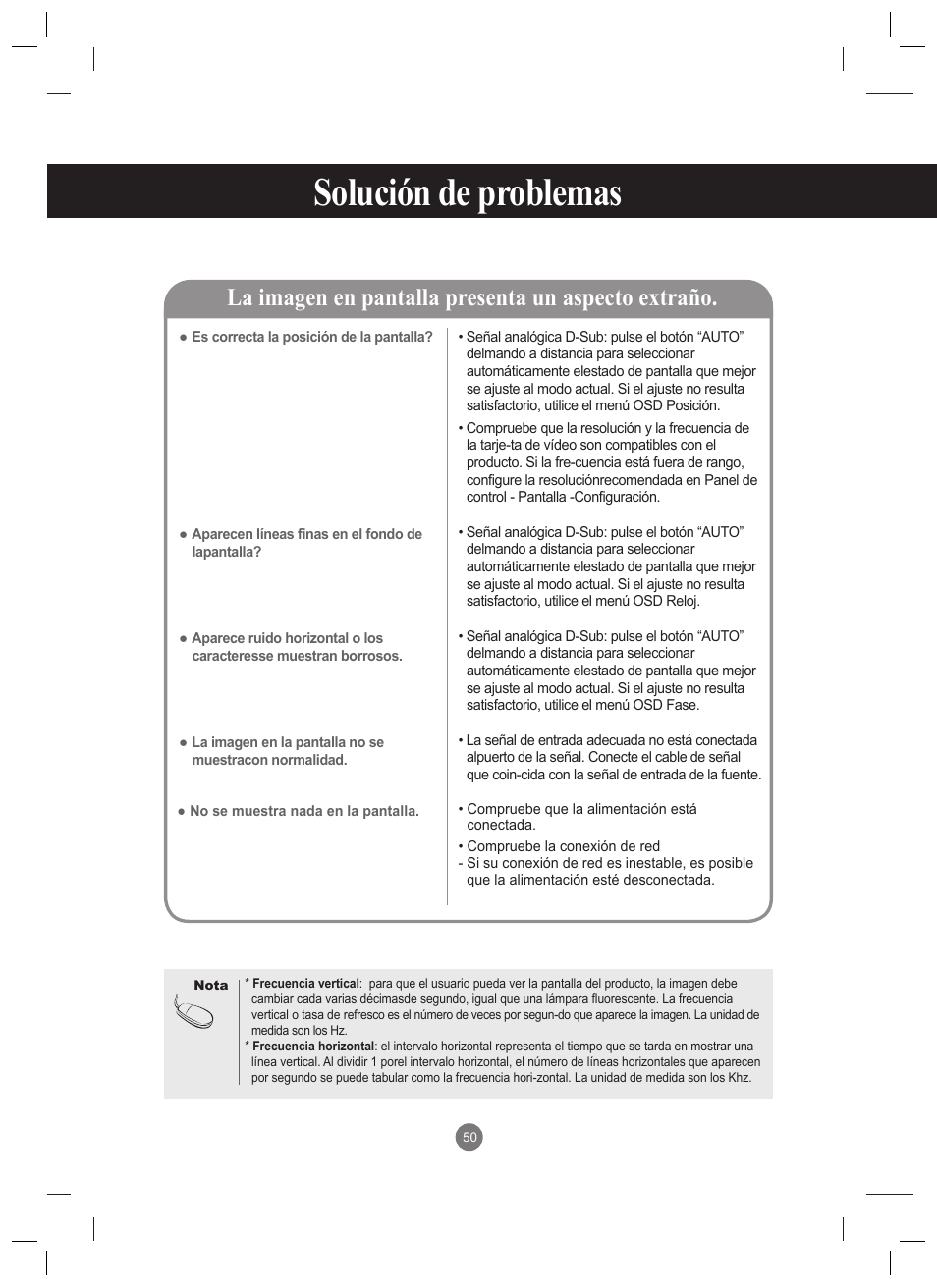 Solución de problemas, La imagen en pantalla presenta un aspecto extraño | LG 47VT30MS-B User Manual | Page 50 / 87