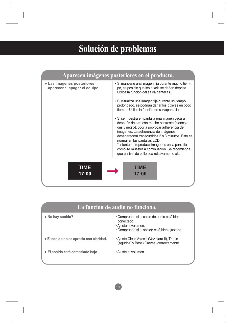 Solución de problemas, La función de audio no funciona, Aparecen imágenes posteriores en el producto | LG 47VT30MS-B User Manual | Page 51 / 87