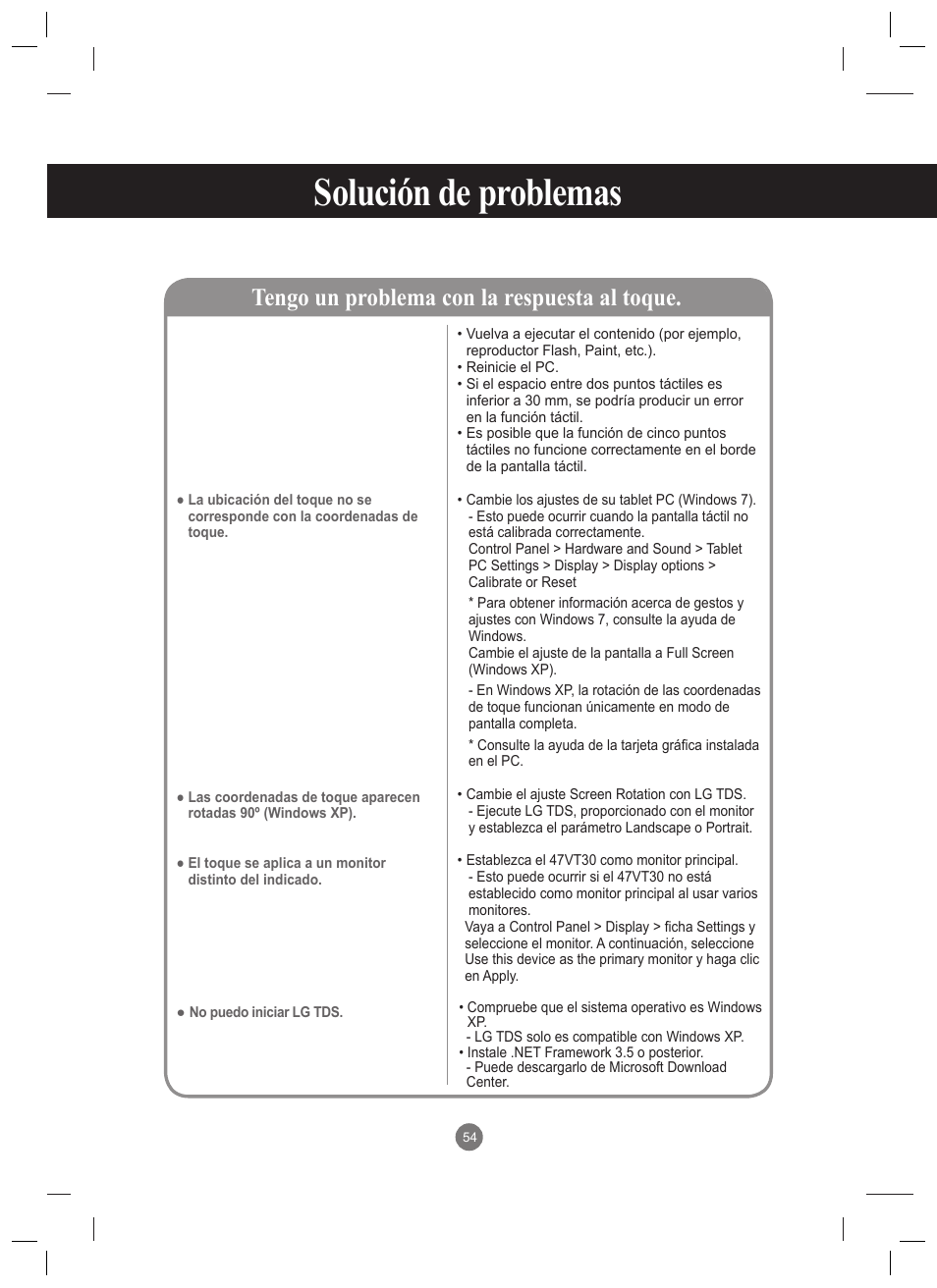 Solución de problemas, Tengo un problema con la respuesta al toque | LG 47VT30MS-B User Manual | Page 54 / 87