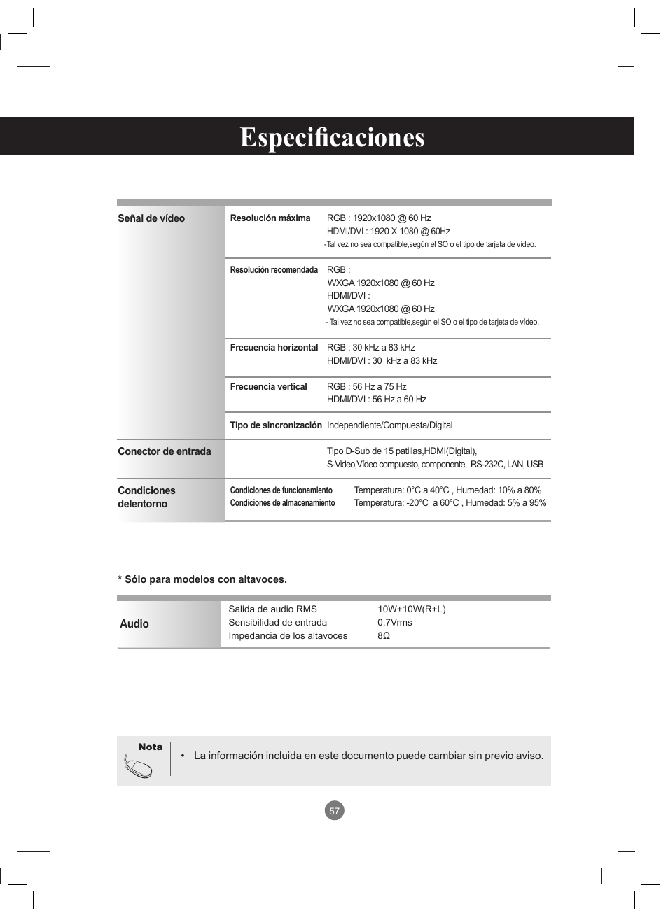 Especificaciones | LG 47VT30MS-B User Manual | Page 57 / 87