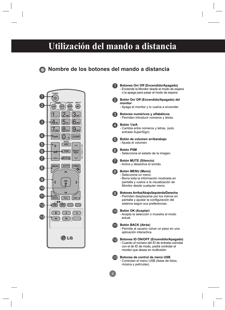 Utilización del mando a distancia, Nombre de los botones del mando a distancia | LG 47VT30MS-B User Manual | Page 6 / 87