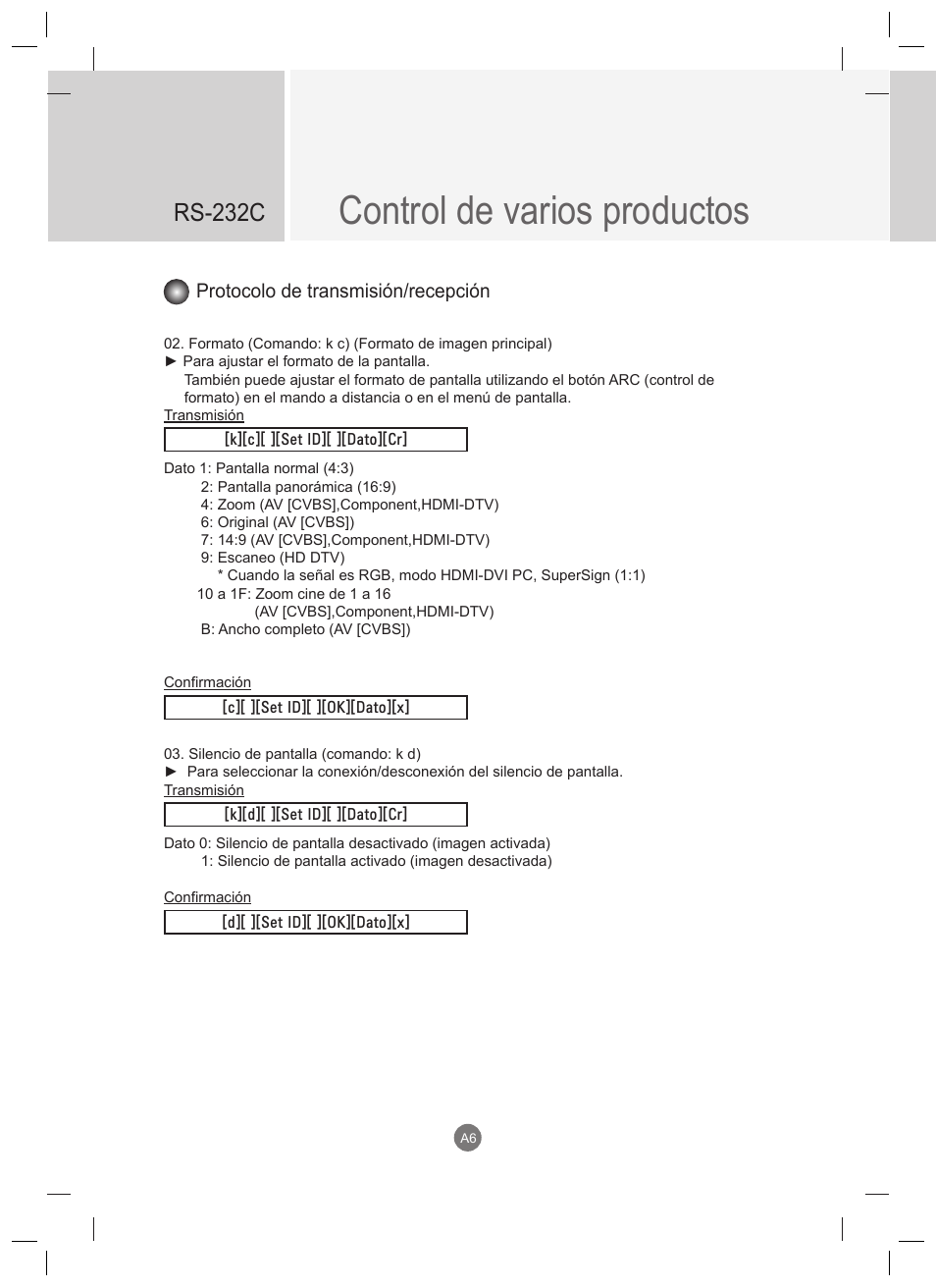 Control de varios productos, Rs-232c, Protocolo de transmisión/recepción | LG 47VT30MS-B User Manual | Page 64 / 87