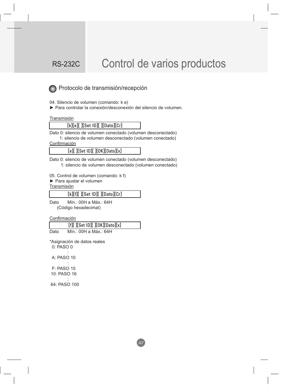Control de varios productos, Rs-232c, Protocolo de transmisión/recepción | LG 47VT30MS-B User Manual | Page 65 / 87