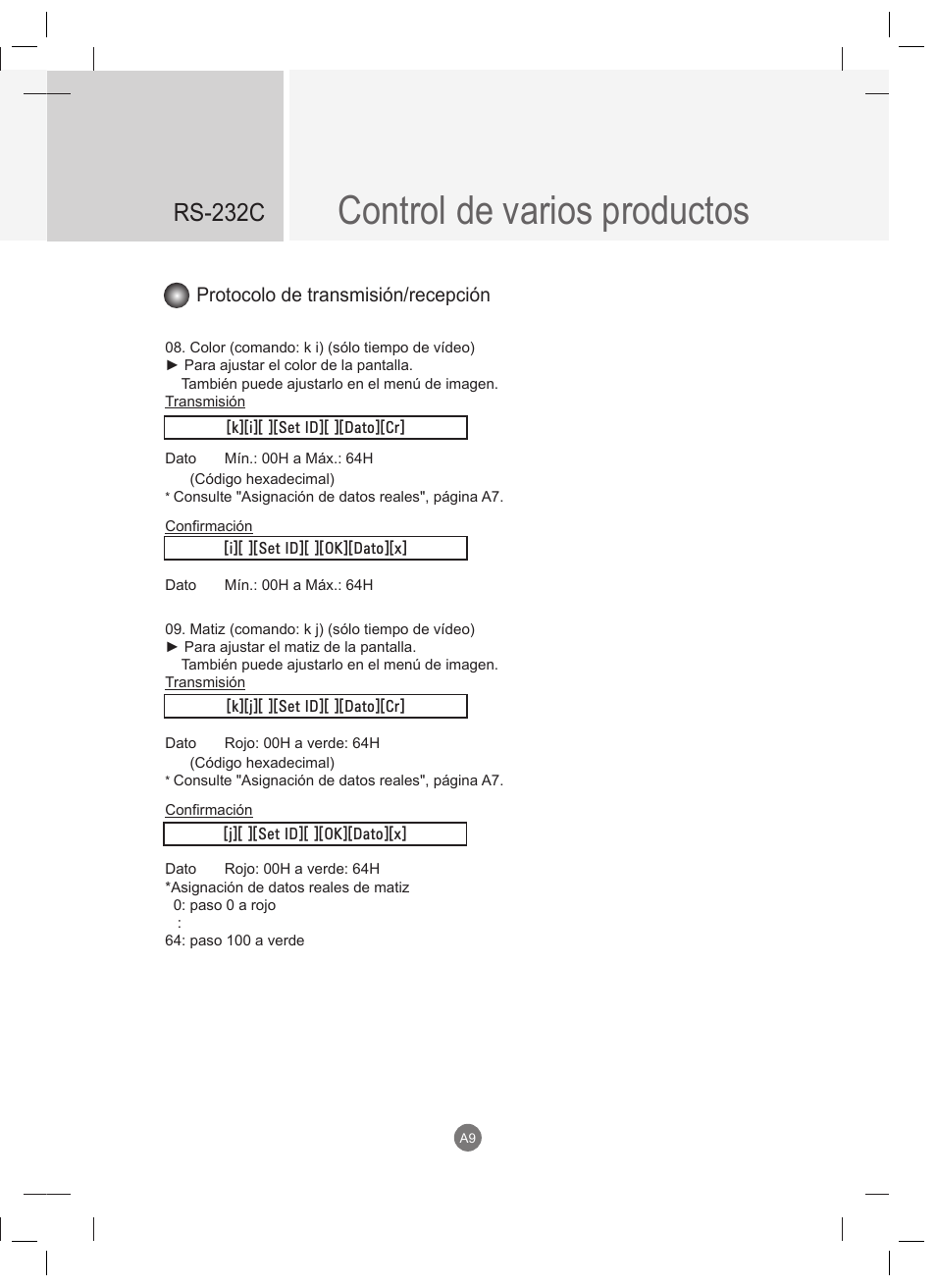 Control de varios productos, Rs-232c, Protocolo de transmisión/recepción | LG 47VT30MS-B User Manual | Page 67 / 87