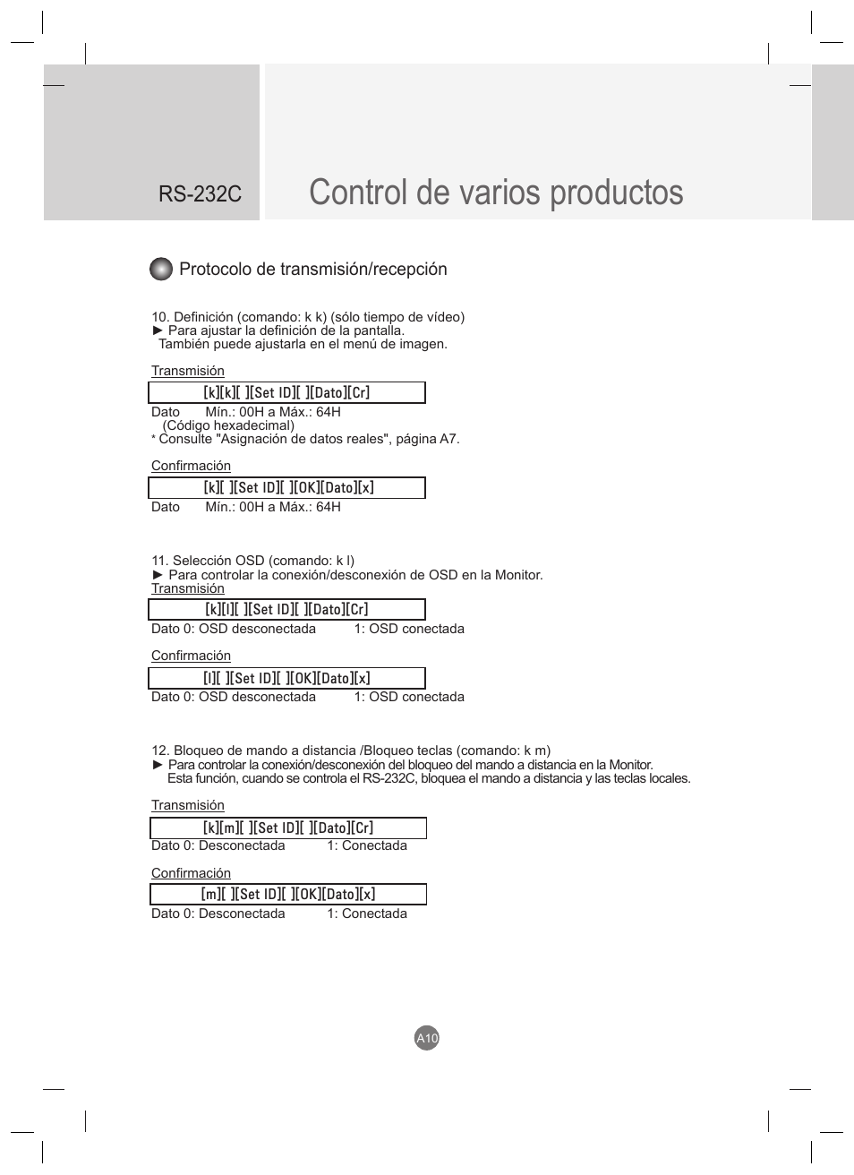 Control de varios productos, Rs-232c, Protocolo de transmisión/recepción | LG 47VT30MS-B User Manual | Page 68 / 87