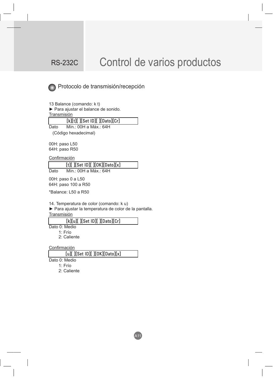 Control de varios productos, Rs-232c, Protocolo de transmisión/recepción | LG 47VT30MS-B User Manual | Page 69 / 87