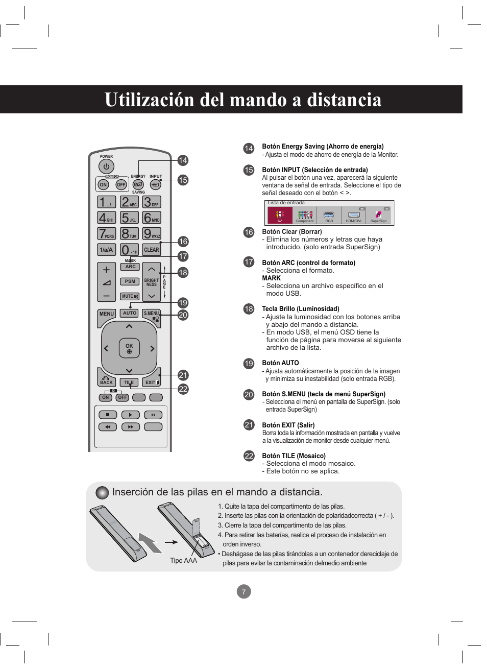 Utilización del mando a distancia, Inserción de las pilas en el mando a distancia | LG 47VT30MS-B User Manual | Page 7 / 87