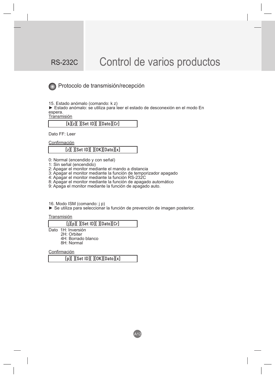 Control de varios productos, Rs-232c, Protocolo de transmisión/recepción | LG 47VT30MS-B User Manual | Page 70 / 87