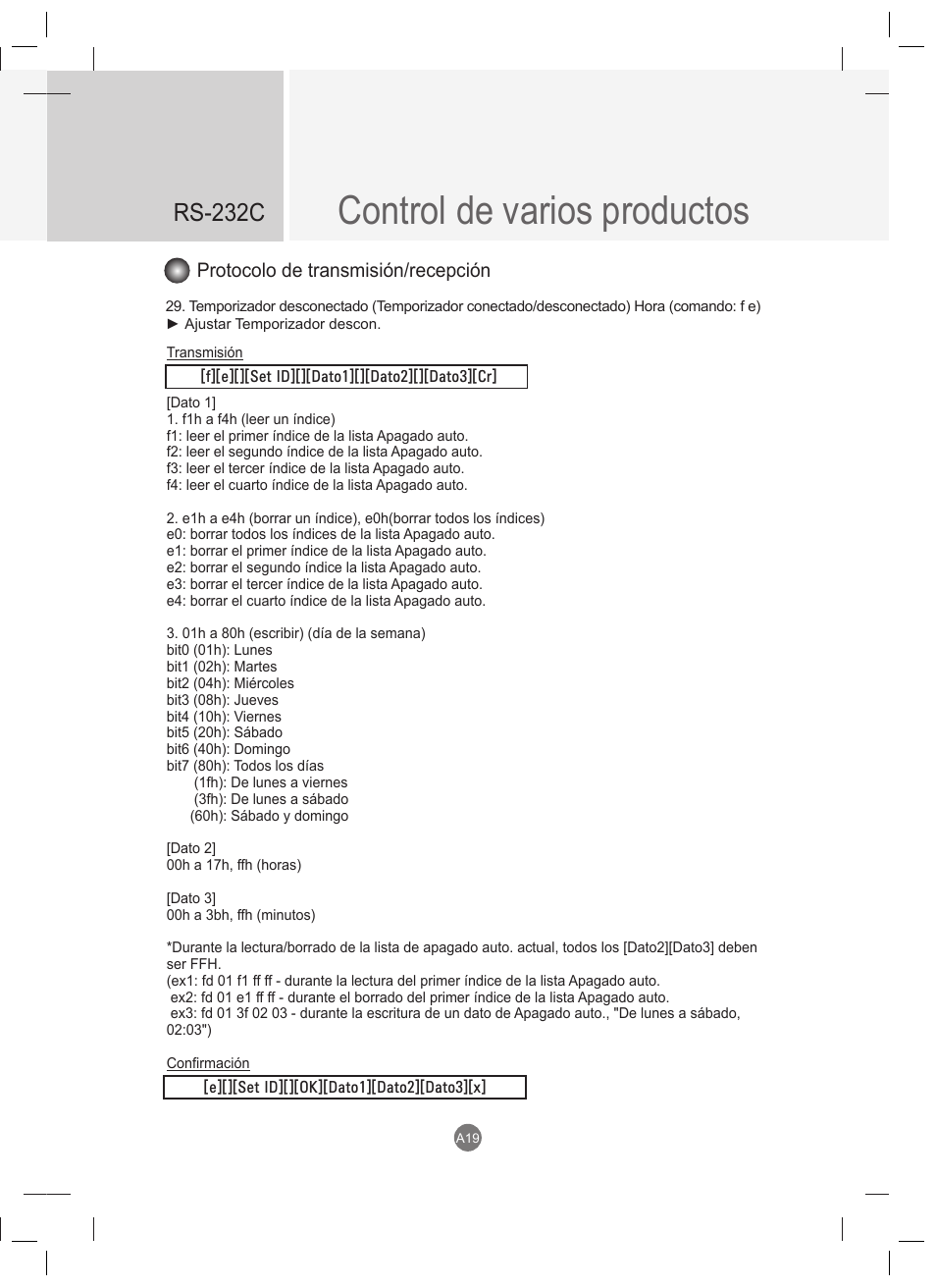 Control de varios productos, Rs-232c, Protocolo de transmisión/recepción | LG 47VT30MS-B User Manual | Page 77 / 87