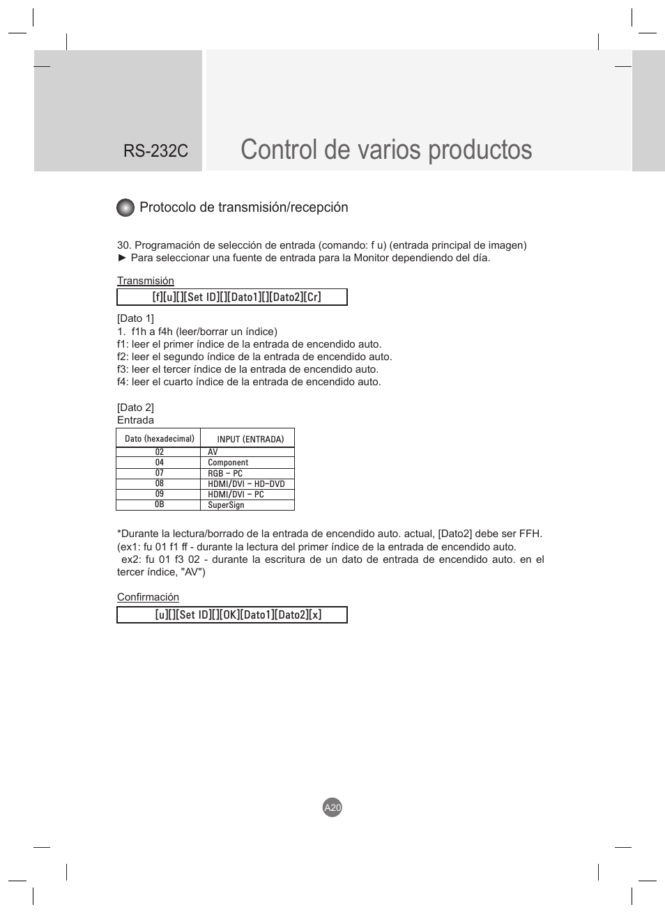 Control de varios productos, Rs-232c, Protocolo de transmisión/recepción | LG 47VT30MS-B User Manual | Page 78 / 87