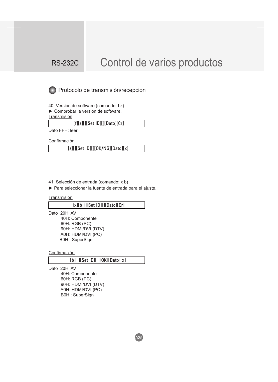 Control de varios productos, Rs-232c, Protocolo de transmisión/recepción | LG 47VT30MS-B User Manual | Page 83 / 87