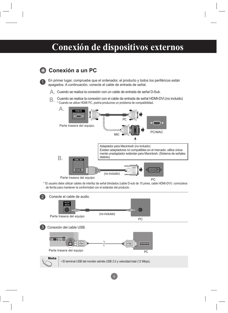 Conexión de dispositivos externos, Conexión a un pc, B. a. a | LG 47VT30MS-B User Manual | Page 9 / 87