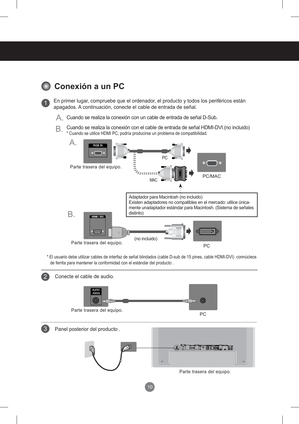 Conexión de dispositivos externos, Conexión a un pc, B. a. a | LG monitor-M3704CCBA User Manual | Page 10 / 88