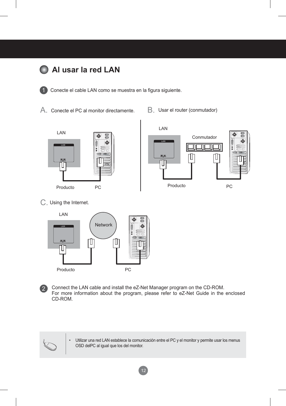 Al usar la red lan, Conexión de dispositivos externos, B. a. c | LG monitor-M3704CCBA User Manual | Page 12 / 88