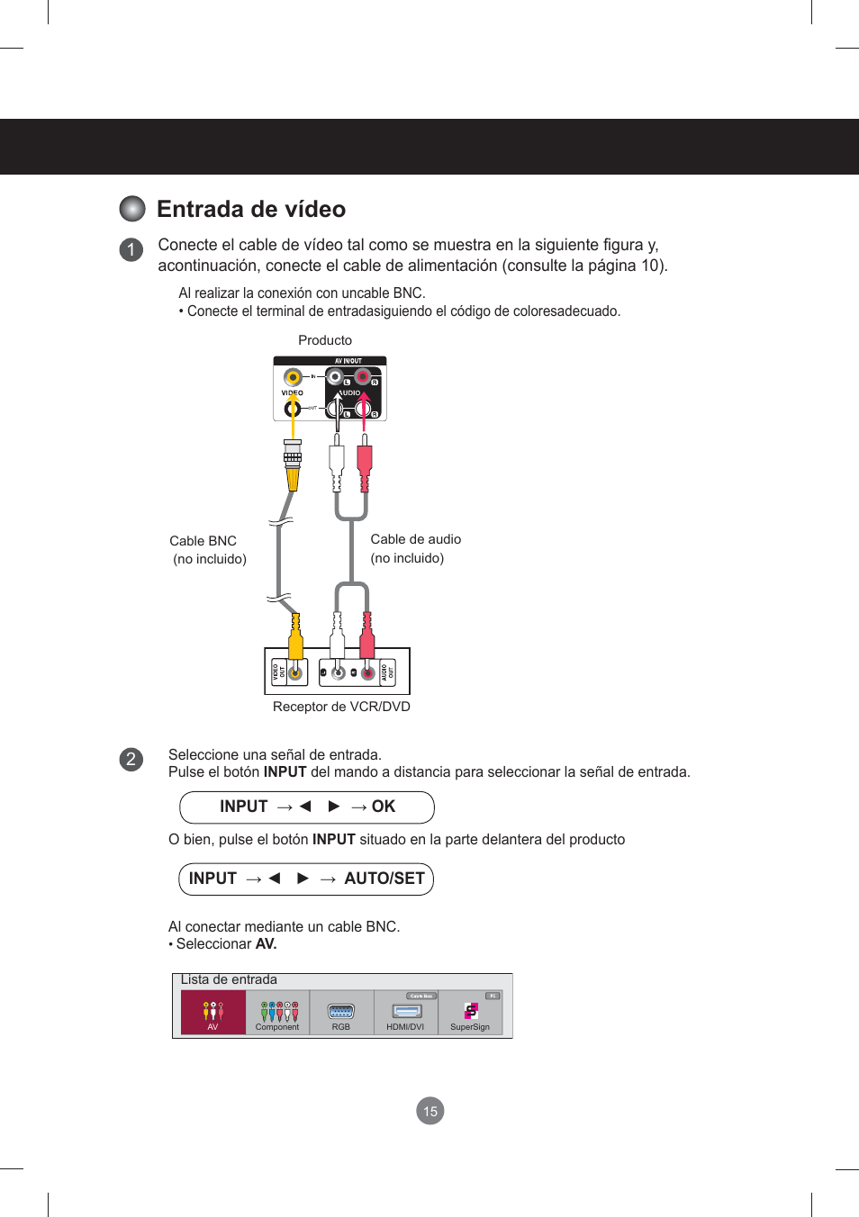 Entrada de vídeo, Conexión de dispositivos externos | LG monitor-M3704CCBA User Manual | Page 15 / 88