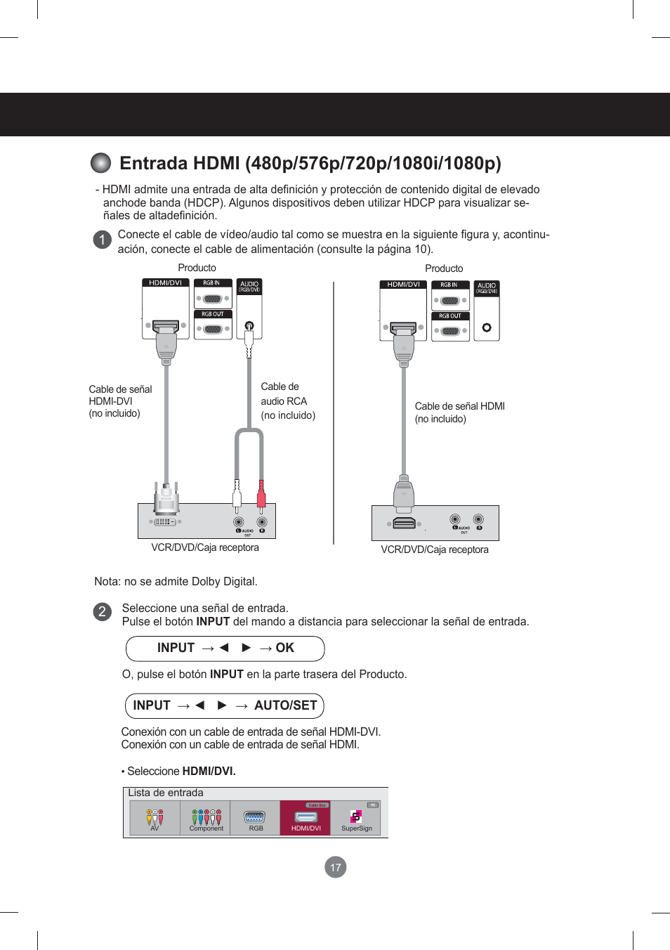 Entrada hdmi (480p/576p/720p/1080i/1080p), Conexión de dispositivos externos | LG monitor-M3704CCBA User Manual | Page 17 / 88