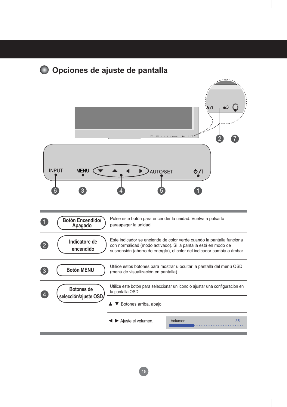 Menú de usuario, Opciones de ajuste de pantalla | LG monitor-M3704CCBA User Manual | Page 18 / 88