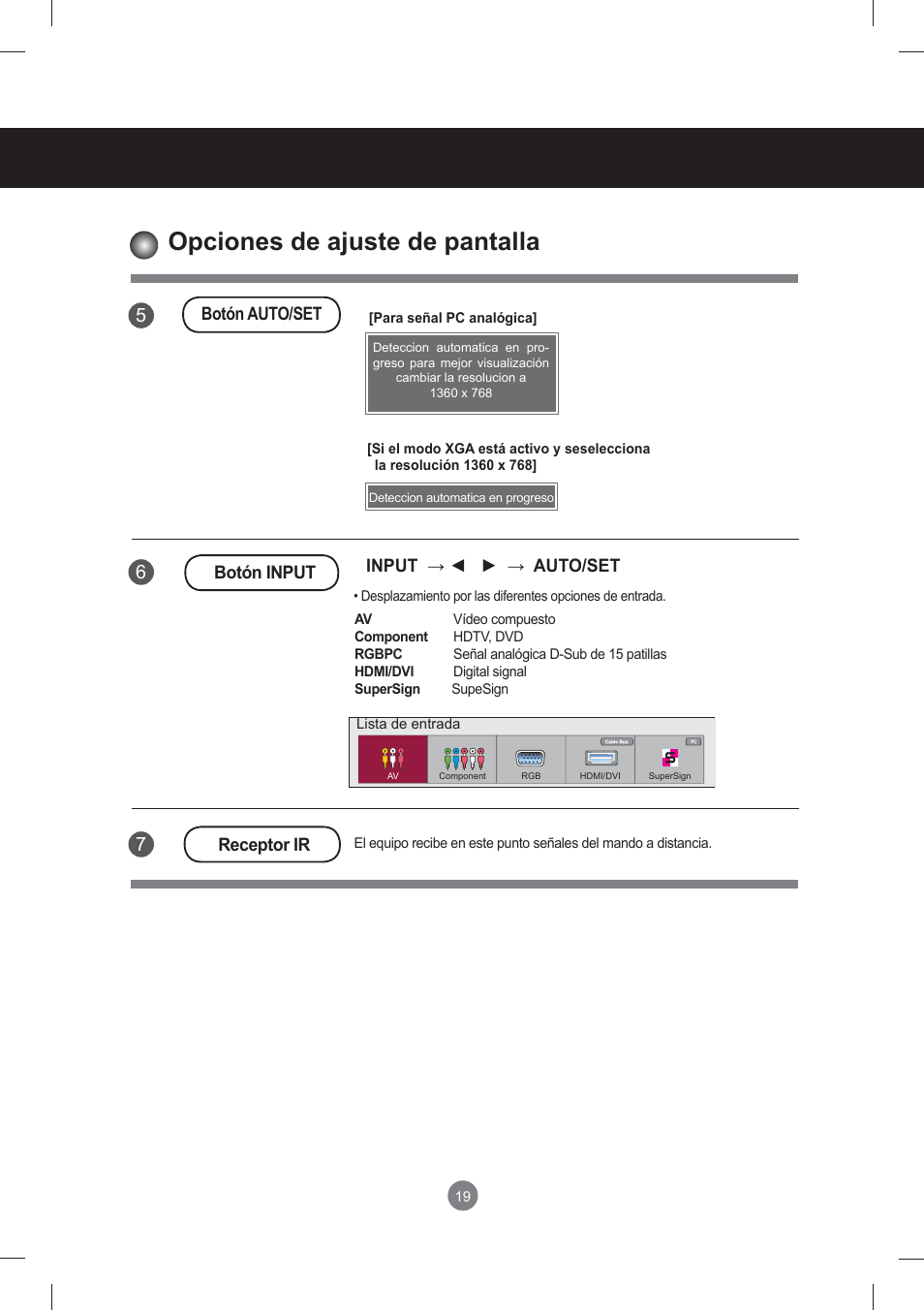 Menú de usuario, Opciones de ajuste de pantalla | LG monitor-M3704CCBA User Manual | Page 19 / 88