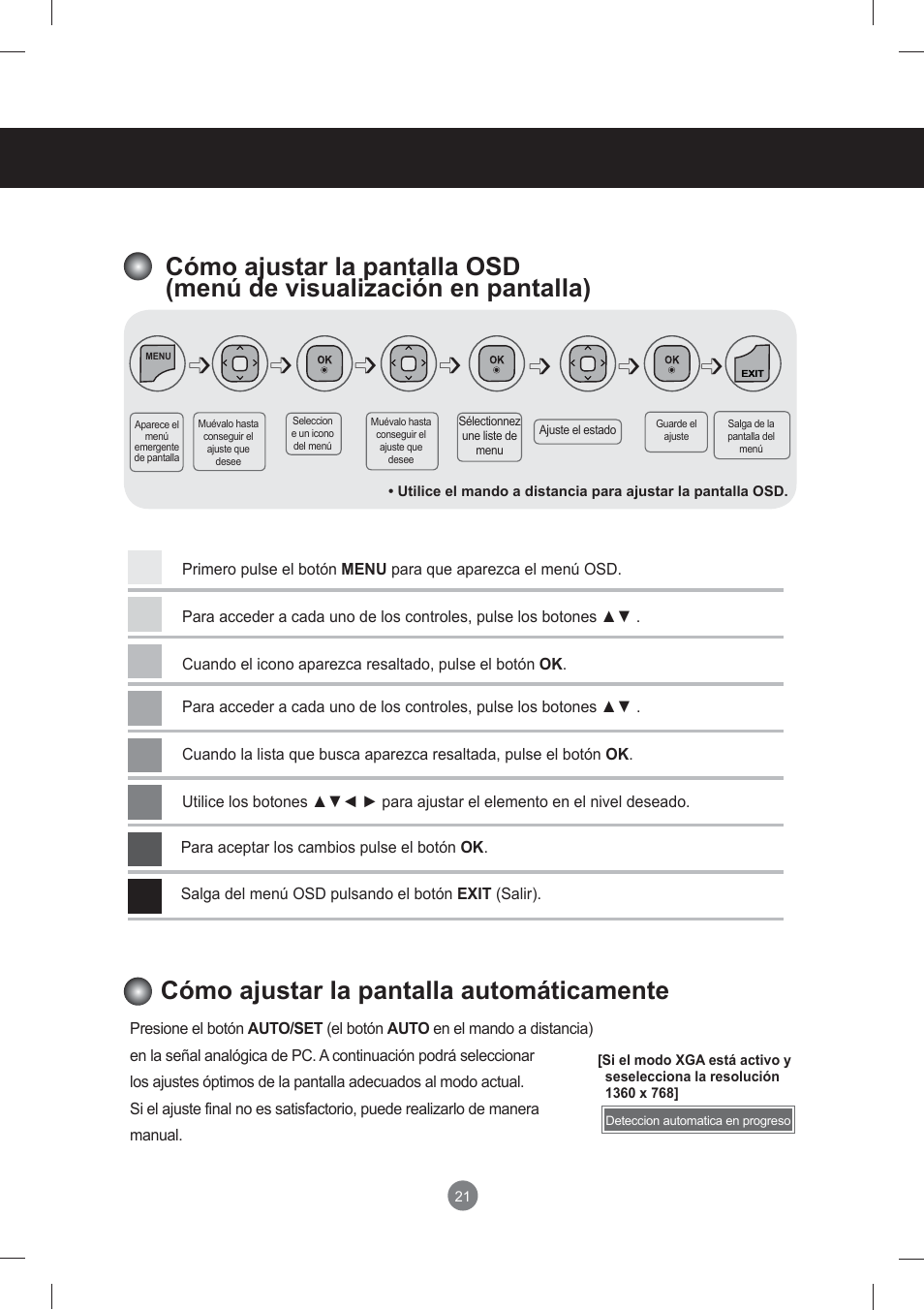 Cómo ajustar la pantalla automáticamente, Menú de usuario | LG monitor-M3704CCBA User Manual | Page 21 / 88