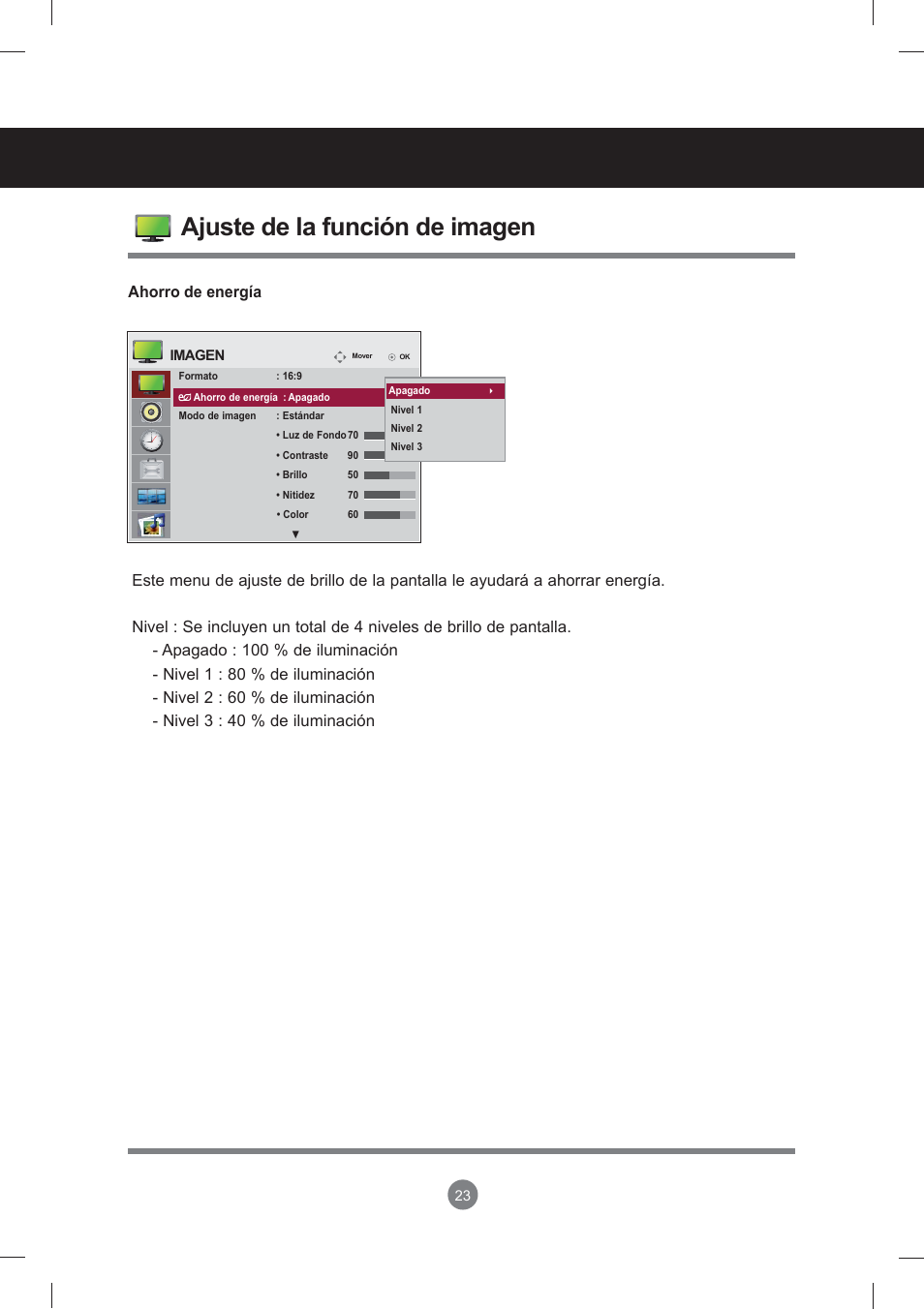 Menú de usuario, Ajuste de la función de imagen | LG monitor-M3704CCBA User Manual | Page 23 / 88