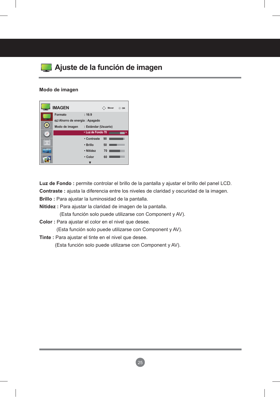 Menú de usuario, Ajuste de la función de imagen | LG monitor-M3704CCBA User Manual | Page 25 / 88