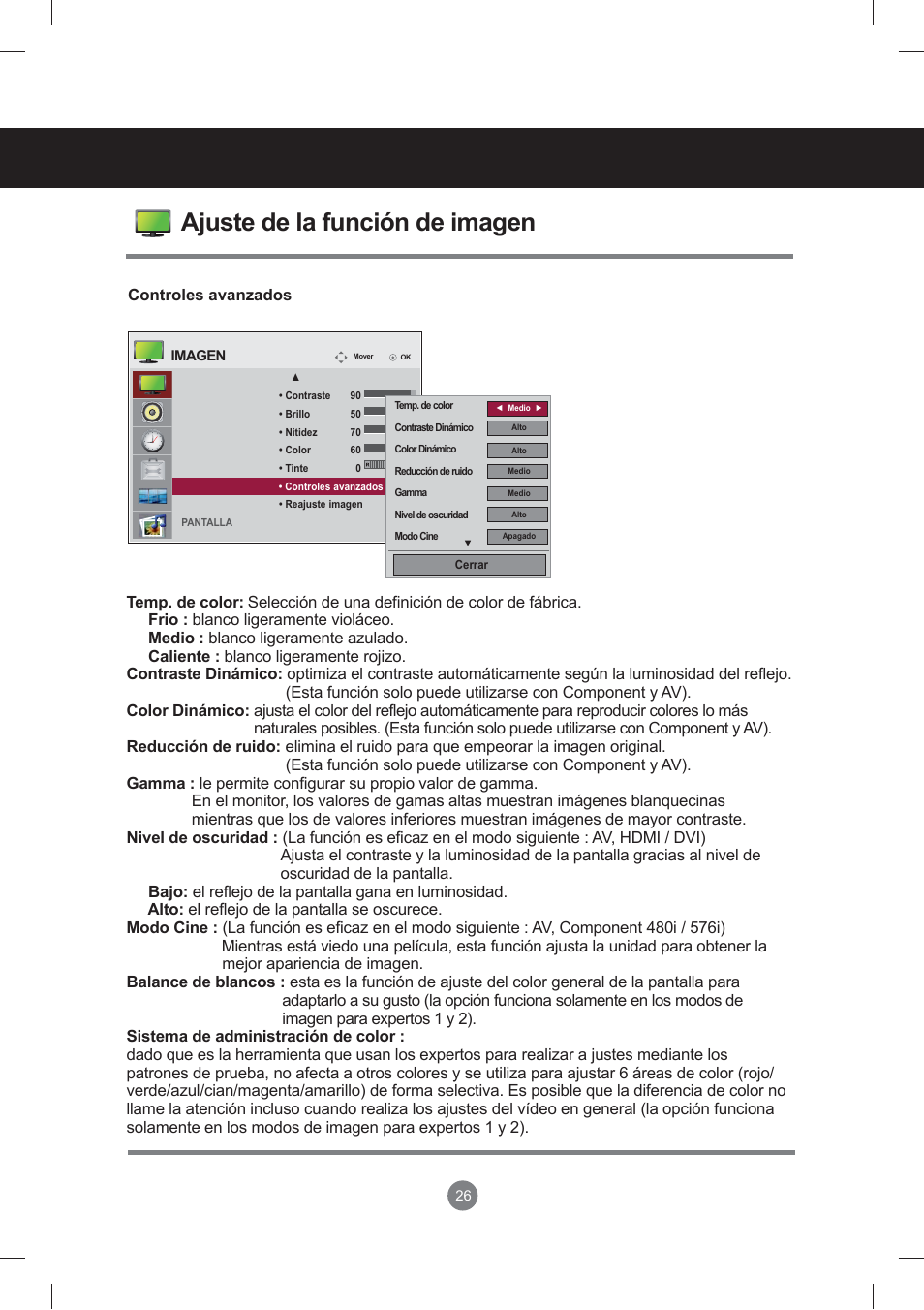 Menú de usuario, Ajuste de la función de imagen | LG monitor-M3704CCBA User Manual | Page 26 / 88