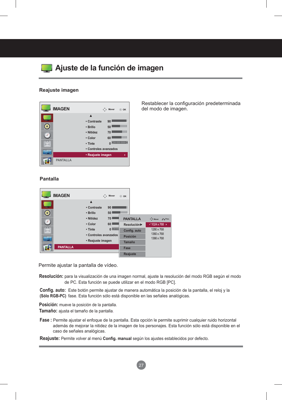 Menú de usuario, Ajuste de la función de imagen, Fase | Reajuste, Config. auto, Resolución, Posición, Tamaño | LG monitor-M3704CCBA User Manual | Page 27 / 88