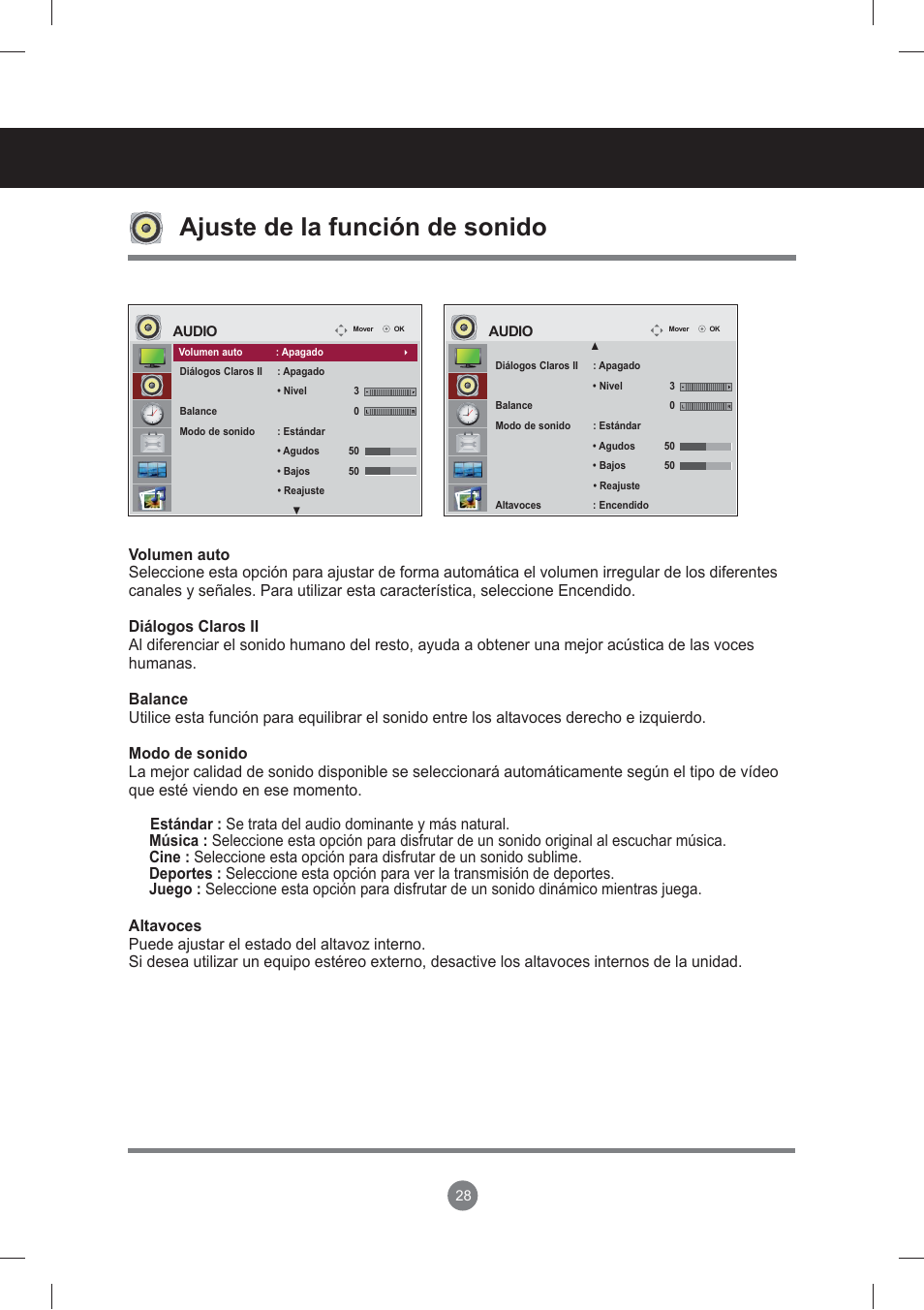Ajuste de la función de sonido, Menú de usuario | LG monitor-M3704CCBA User Manual | Page 28 / 88
