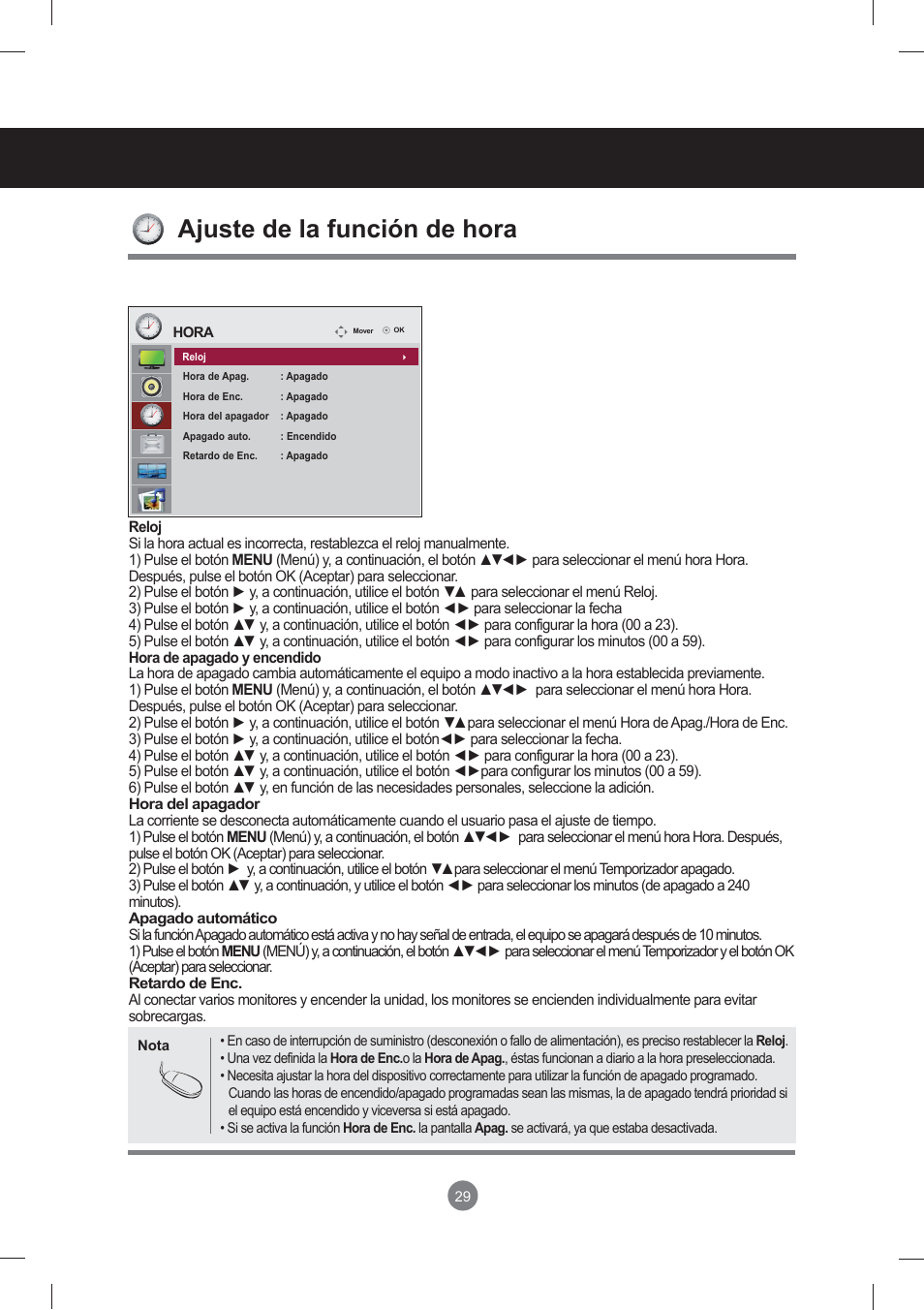 Ajuste de la función de hora, Menú de usuario | LG monitor-M3704CCBA User Manual | Page 29 / 88