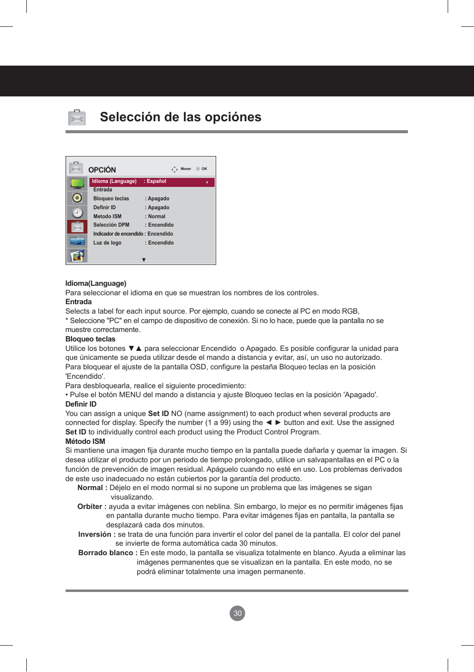 Selección de las opciónes, Menú de usuario | LG monitor-M3704CCBA User Manual | Page 30 / 88