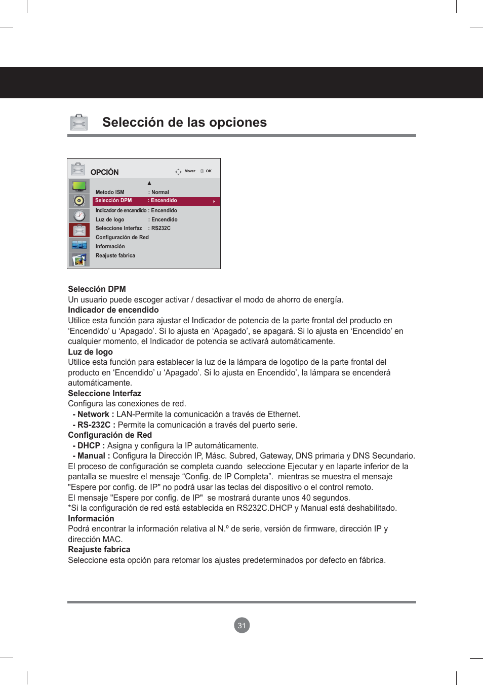 Menú de usuario, Selección de las opciones | LG monitor-M3704CCBA User Manual | Page 31 / 88