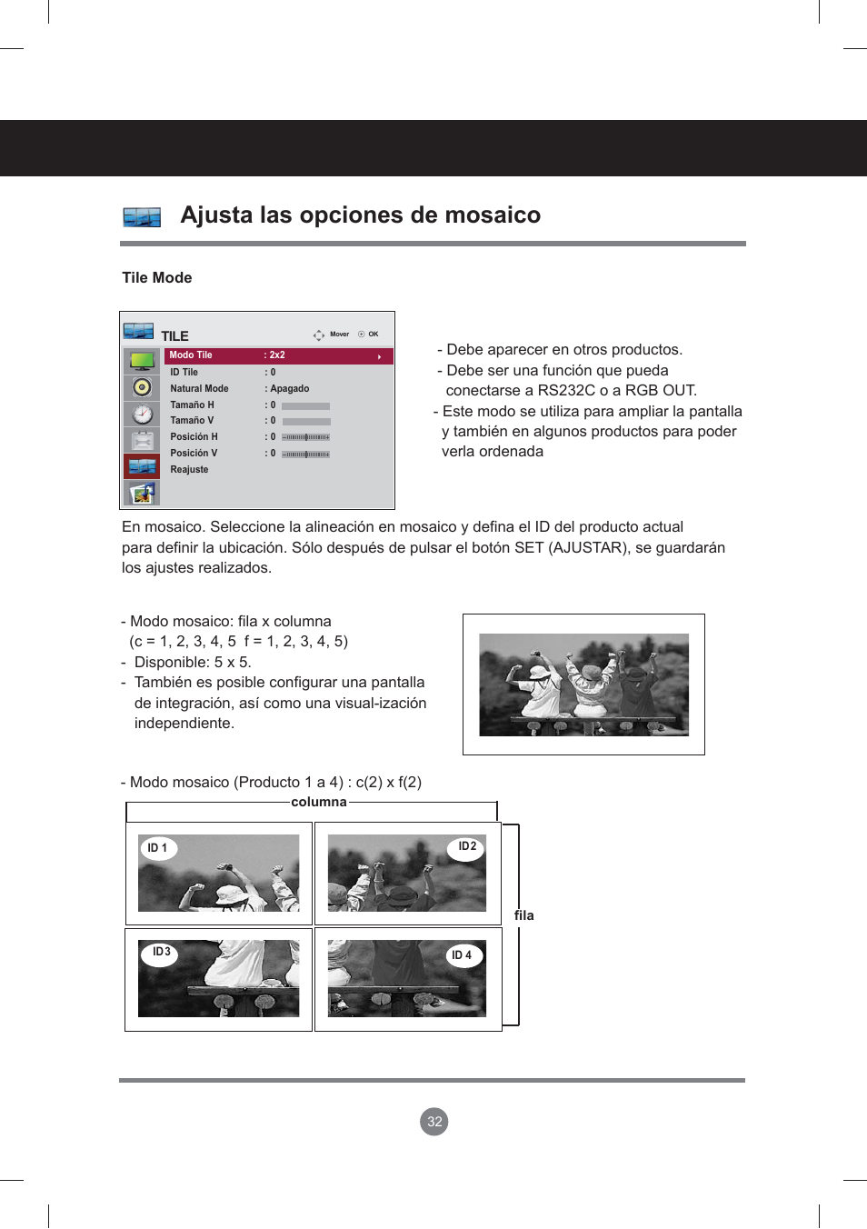 Ajusta las opciones de mosaico, Menú de usuario | LG monitor-M3704CCBA User Manual | Page 32 / 88