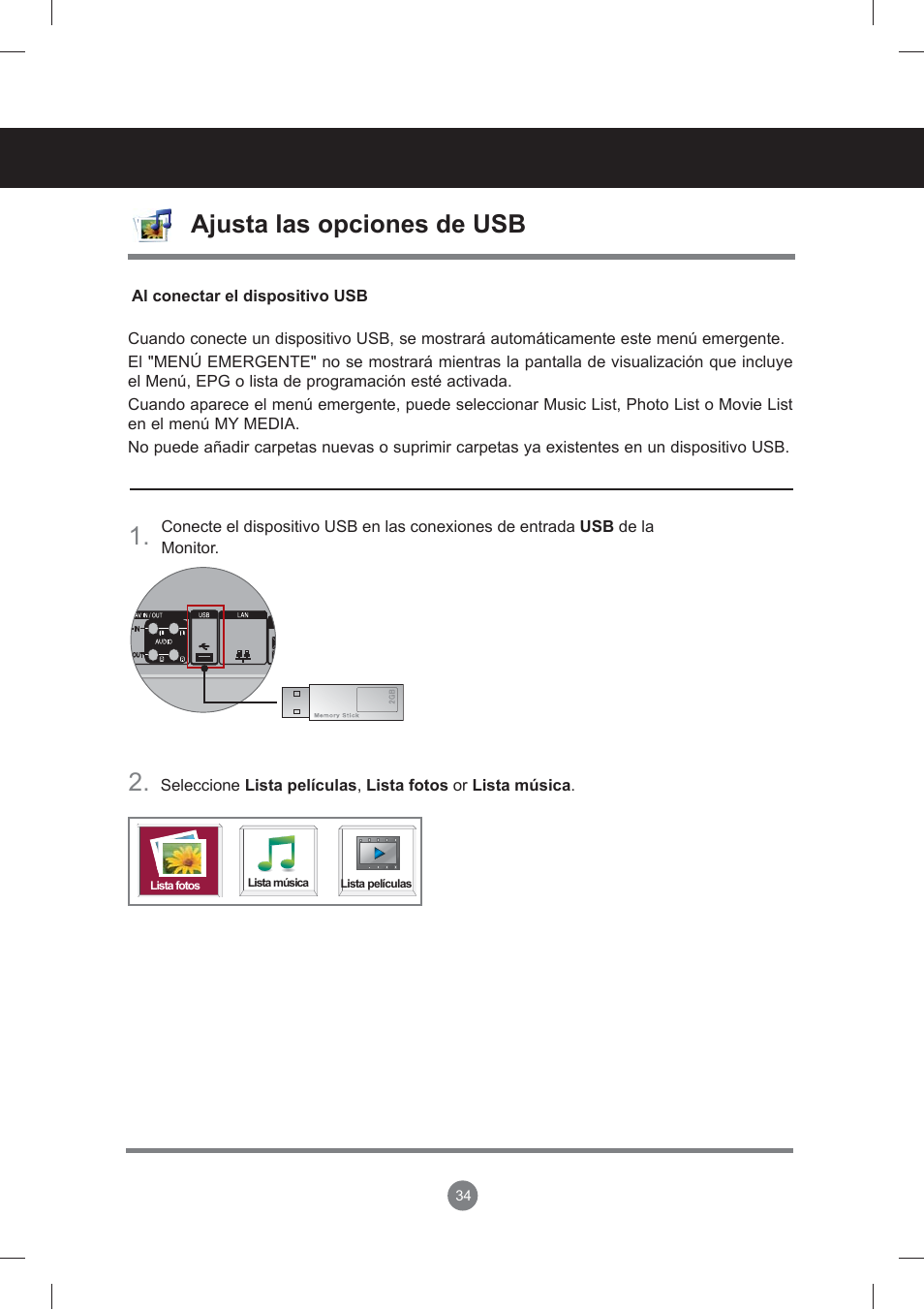 Ajusta las opciones de usb, Menú de usuario | LG monitor-M3704CCBA User Manual | Page 34 / 88