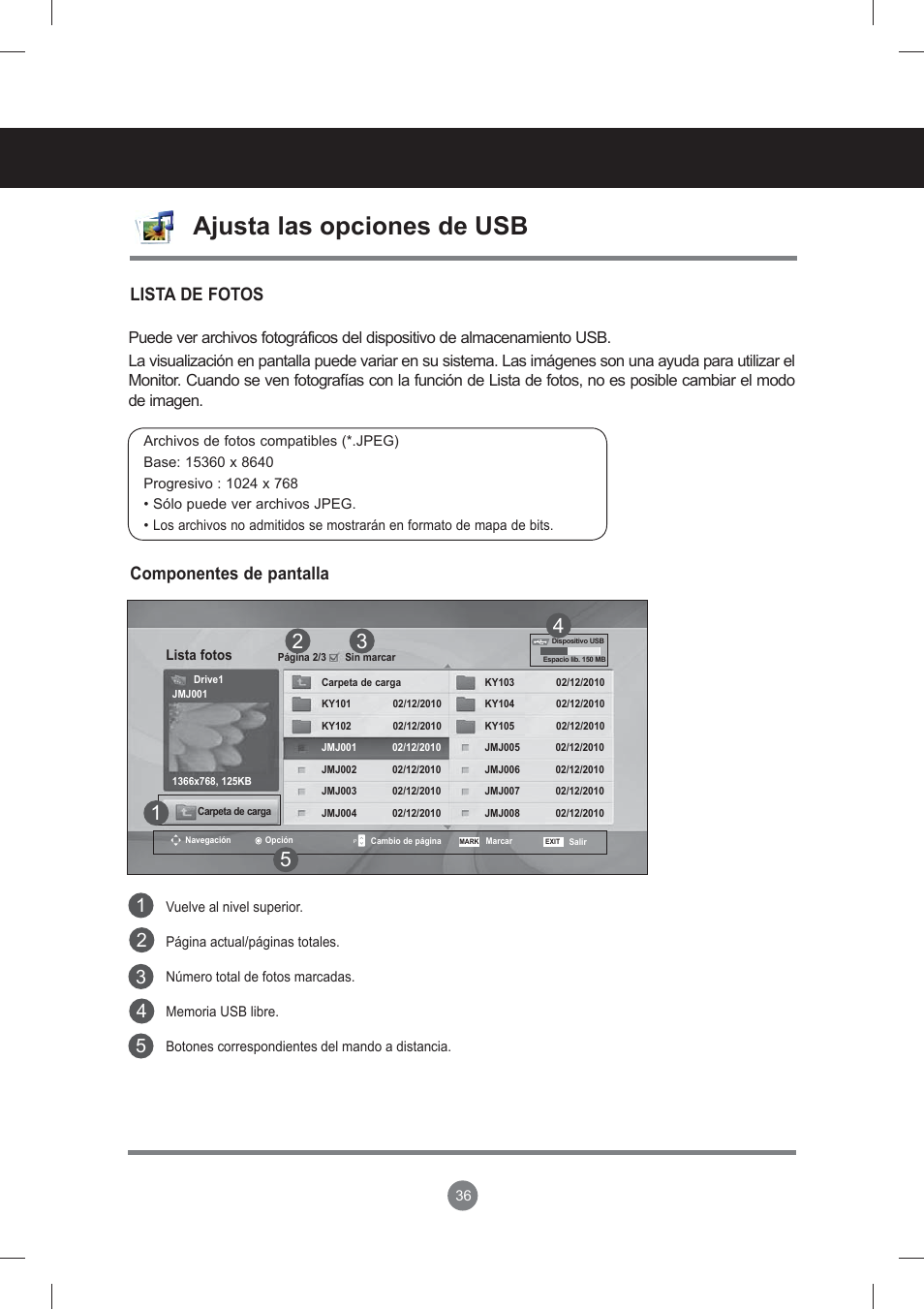 Menú de usuario, Ajusta las opciones de usb, Lista de fotos componentes de pantalla | LG monitor-M3704CCBA User Manual | Page 36 / 88