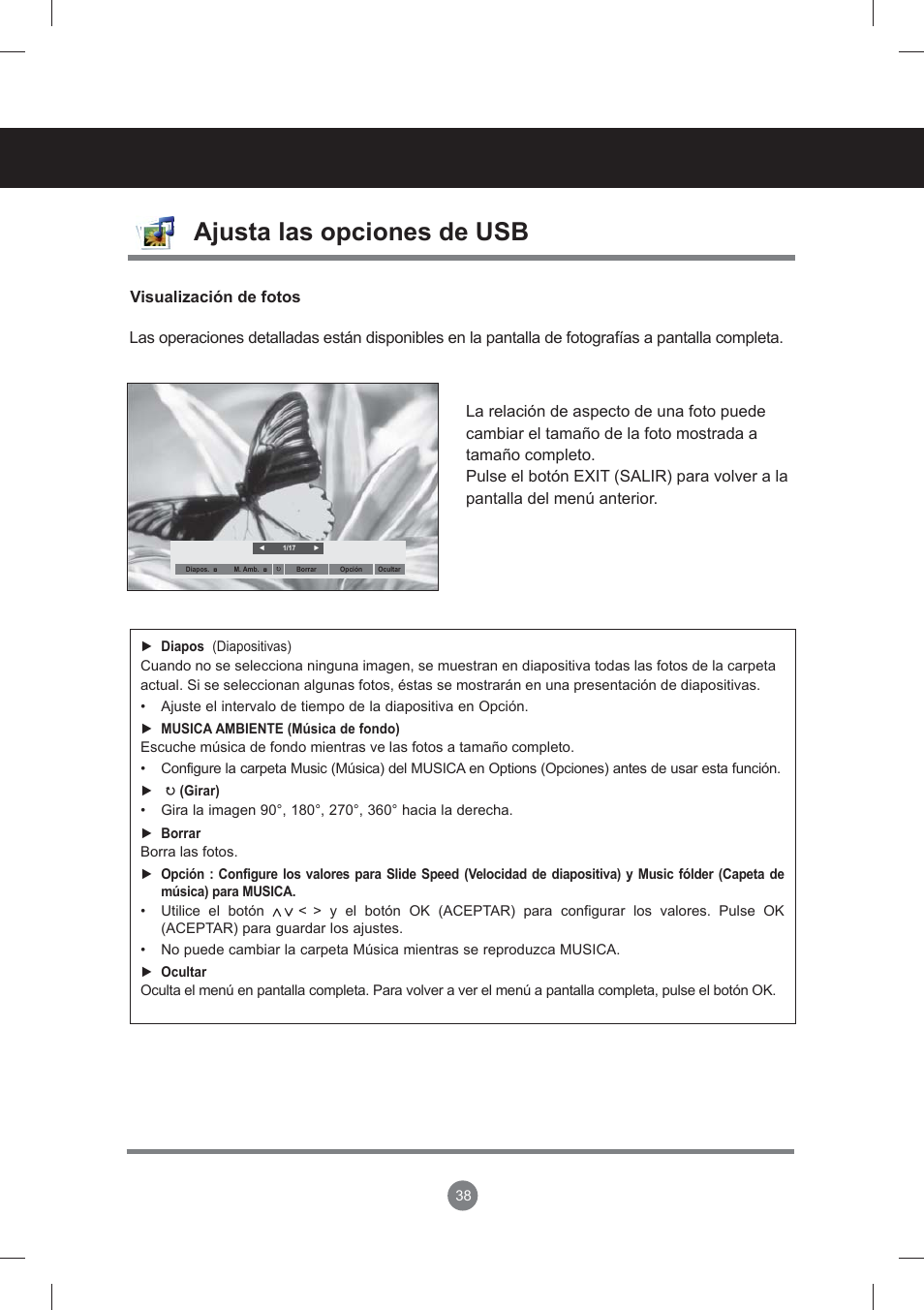 Menú de usuario, Ajusta las opciones de usb | LG monitor-M3704CCBA User Manual | Page 38 / 88