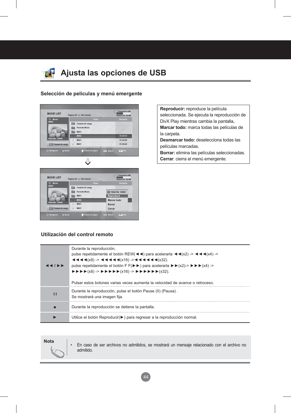 Menú de usuario, Ajusta las opciones de usb, Selección de películas y menú emergente | Utilización del control remoto | LG monitor-M3704CCBA User Manual | Page 44 / 88