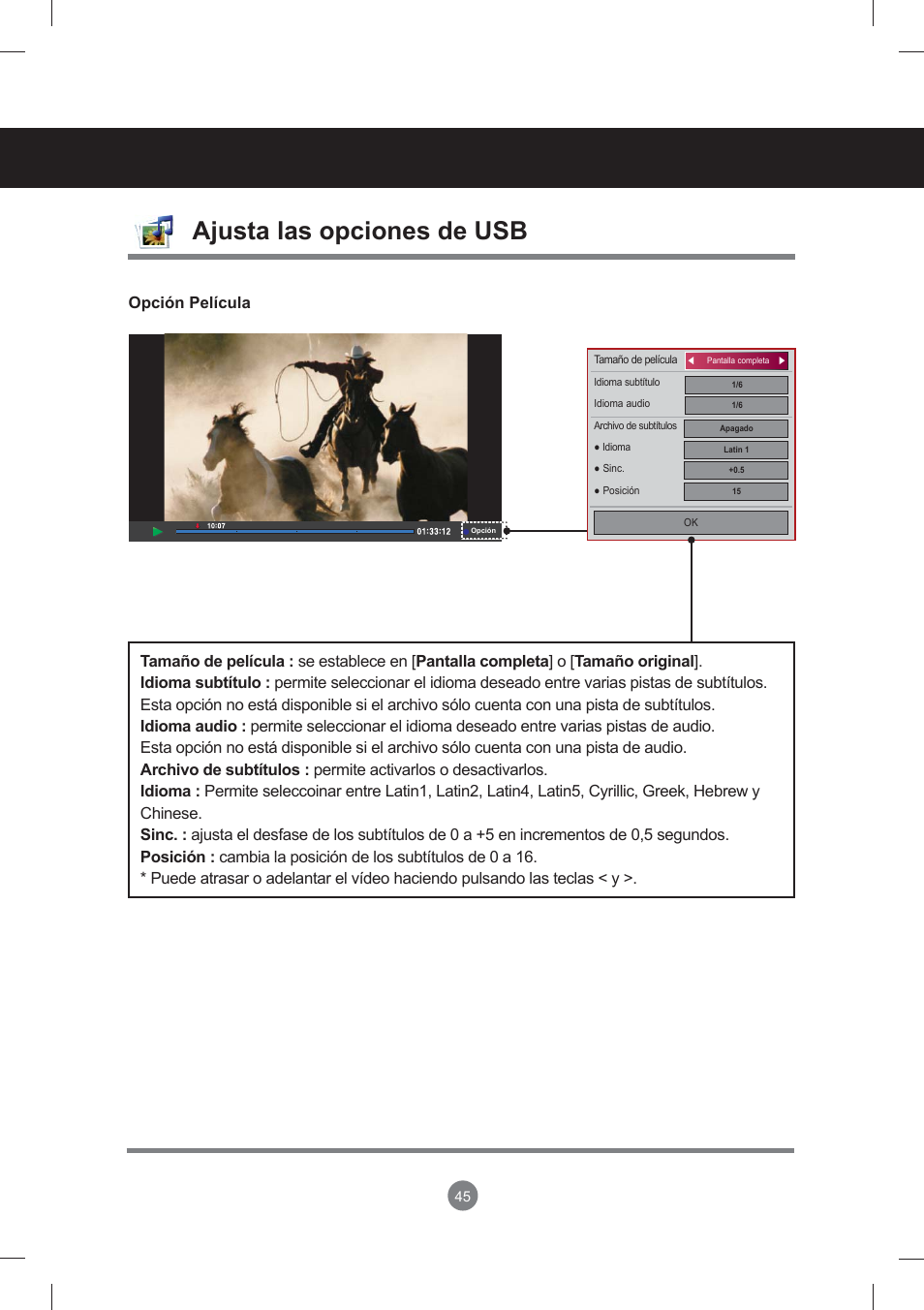 Menú de usuario, Ajusta las opciones de usb, Opción película | LG monitor-M3704CCBA User Manual | Page 45 / 88