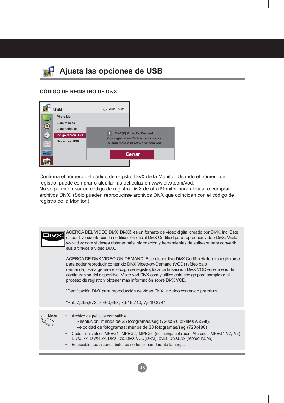 Menú de usuario, Ajusta las opciones de usb | LG monitor-M3704CCBA User Manual | Page 46 / 88