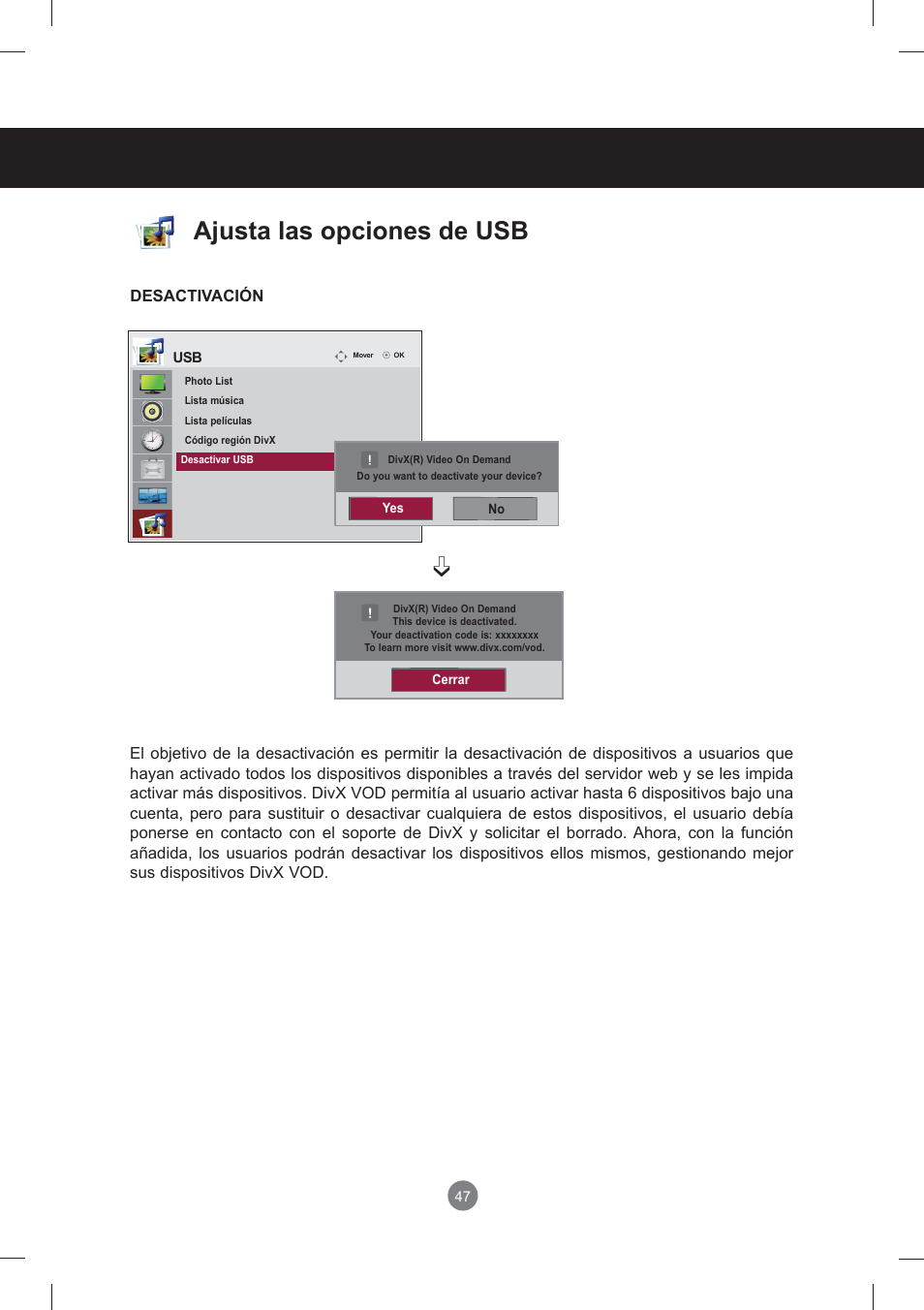 Menú de usuario, Ajusta las opciones de usb | LG monitor-M3704CCBA User Manual | Page 47 / 88