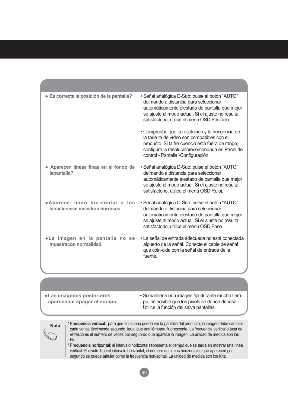 Solución de problemas, La imagen en pantalla presenta un aspecto extraño, Aparecen imágenes posteriores en el producto | LG monitor-M3704CCBA User Manual | Page 49 / 88