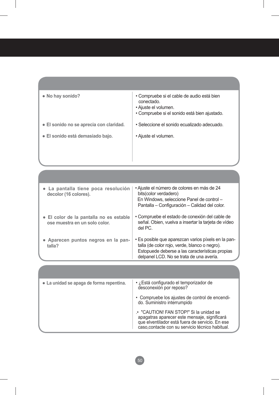 Solución de problemas | LG monitor-M3704CCBA User Manual | Page 50 / 88