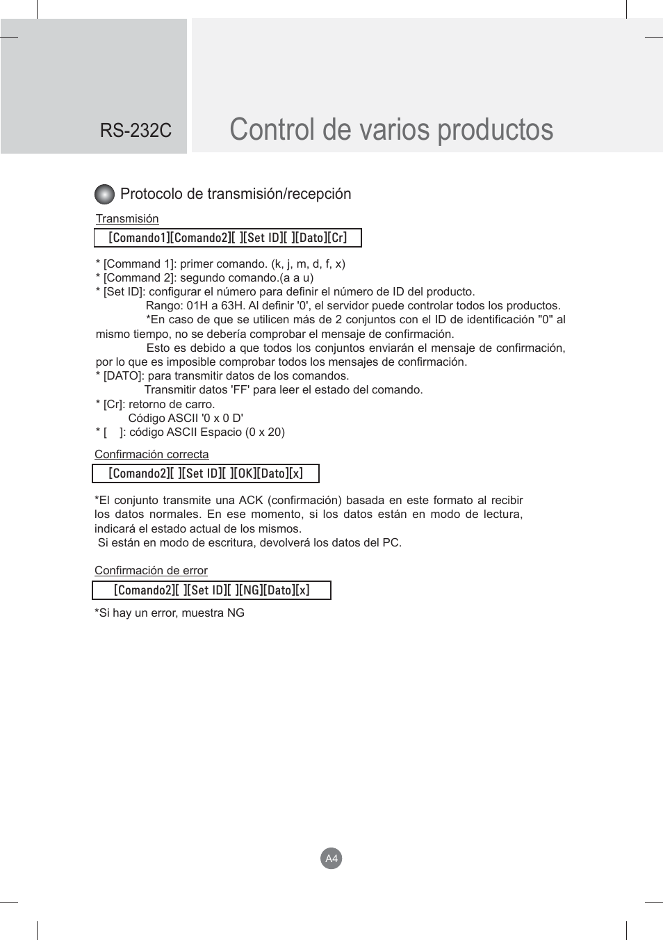 Control de varios productos, Rs-232c, Protocolo de transmisión/recepción | LG monitor-M3704CCBA User Manual | Page 57 / 88