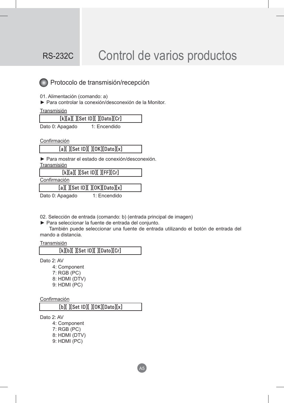 Control de varios productos, Rs-232c, Protocolo de transmisión/recepción | LG monitor-M3704CCBA User Manual | Page 58 / 88