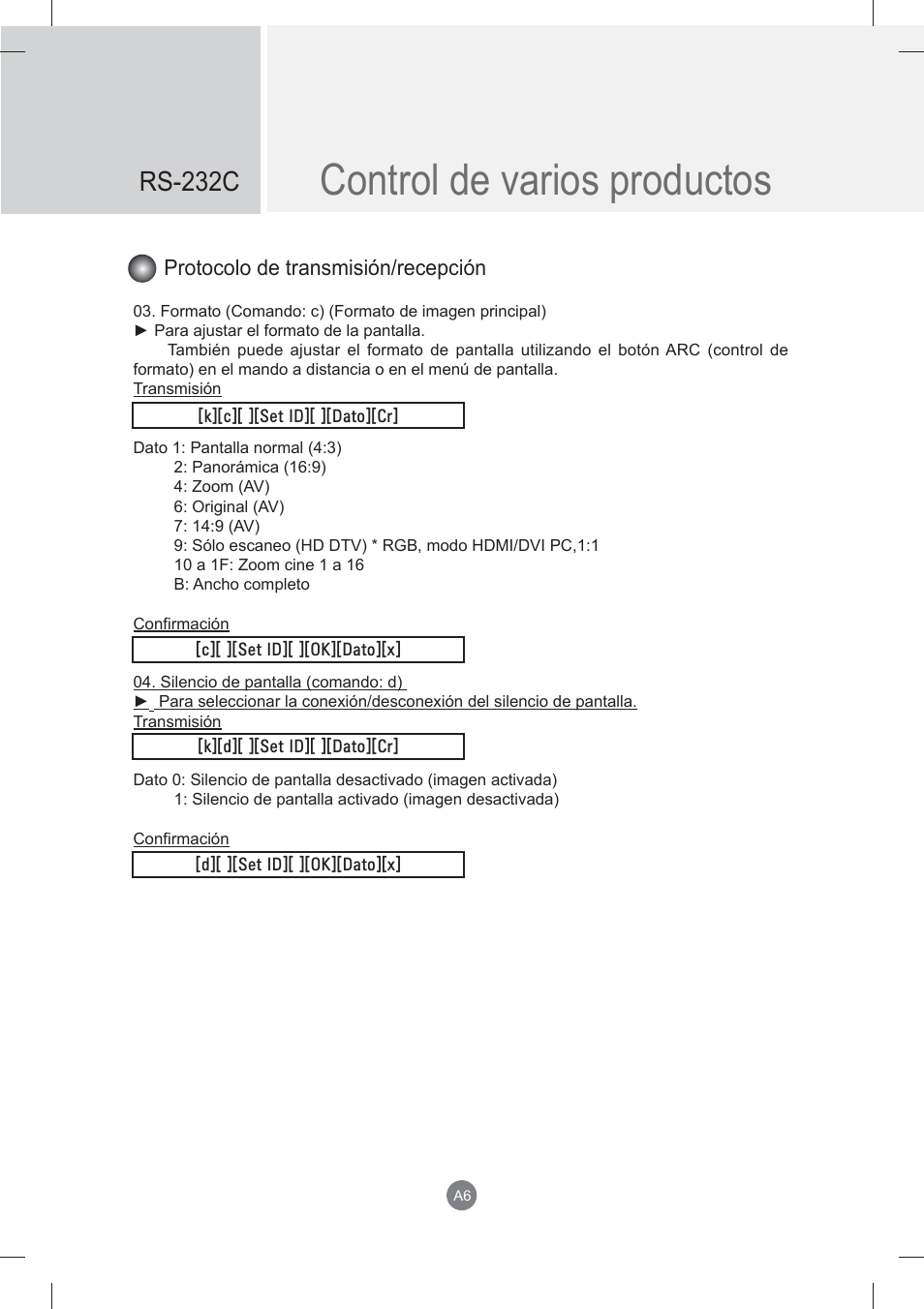 Control de varios productos, Rs-232c, Protocolo de transmisión/recepción | LG monitor-M3704CCBA User Manual | Page 59 / 88